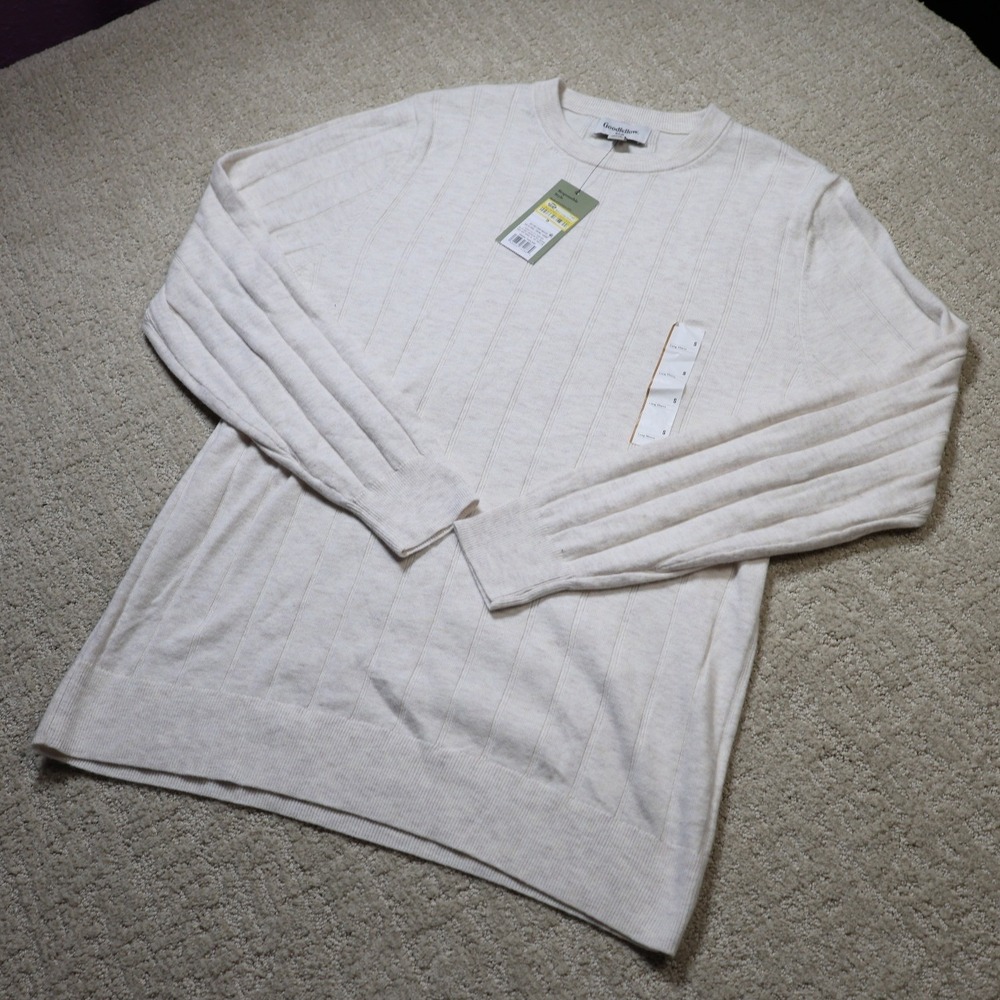 Goodfellow & Co Mens Cream Vertical Rib Knit Crewneck Sweater Oatmeal Small NWT
